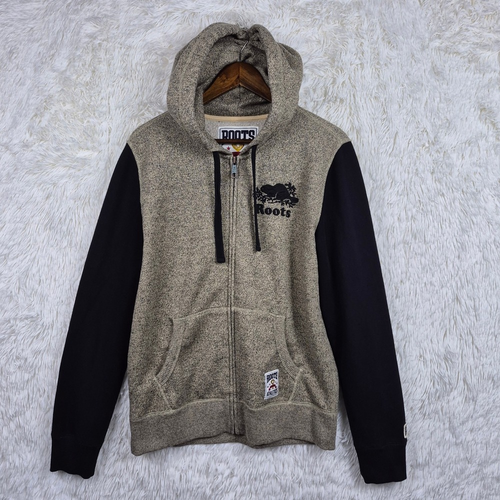 Roots Athletics Mens Full Zip Hoodie Salt and Pepper Marled Grey Black Medium